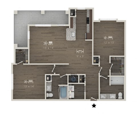 Floor plan for 2 beds, 2 baths, 1299 sqft